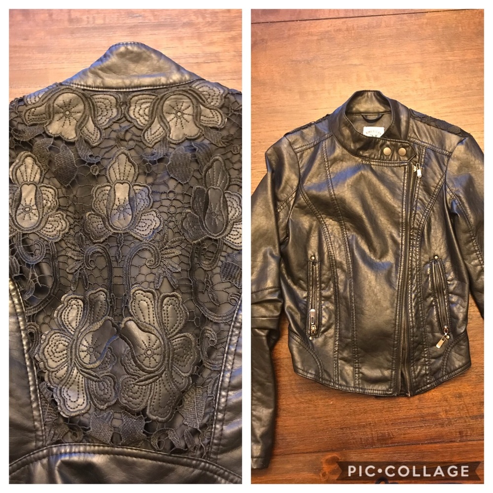 Faux leather jacket with lace overlay